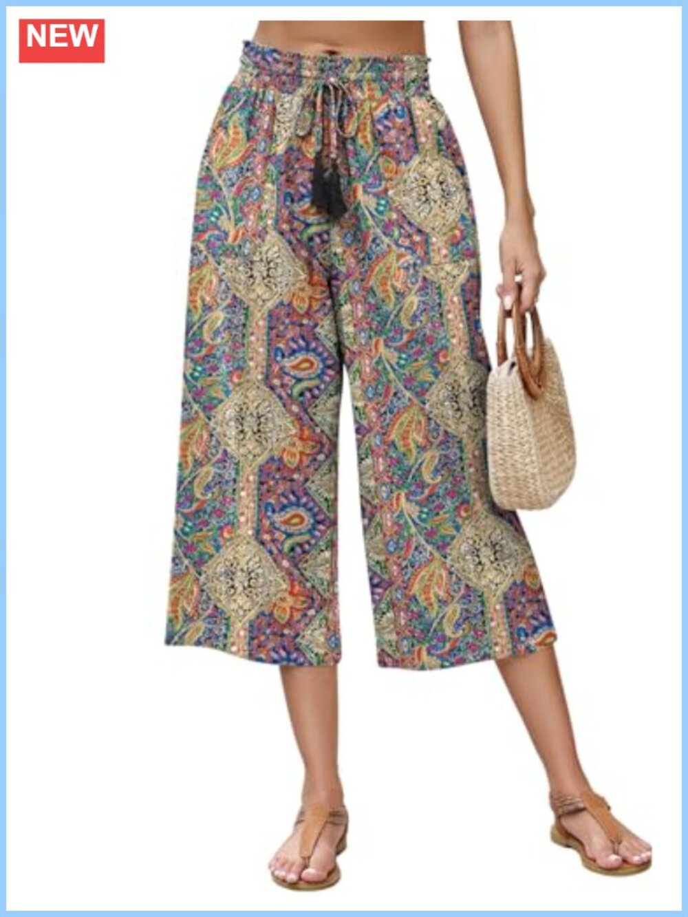 Linen Capri Pants Wide Leg High Waisted Cropped Pants Drawstring
